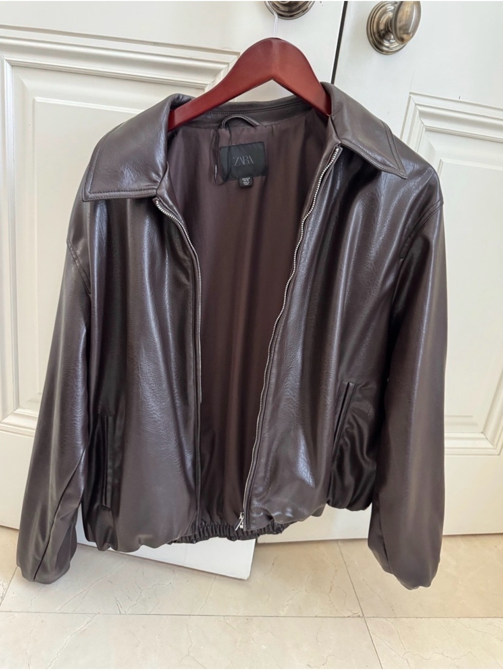 Zara Chocolate Brown Faux Leather Bomber Jacket